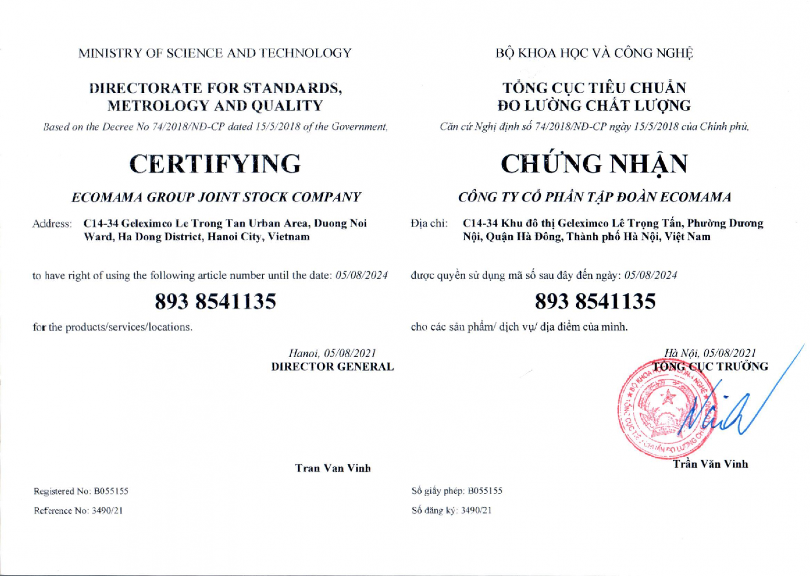 giấy chứng nhận máy rửa thực phẩm ecomama của bộ khoa học công nghệ